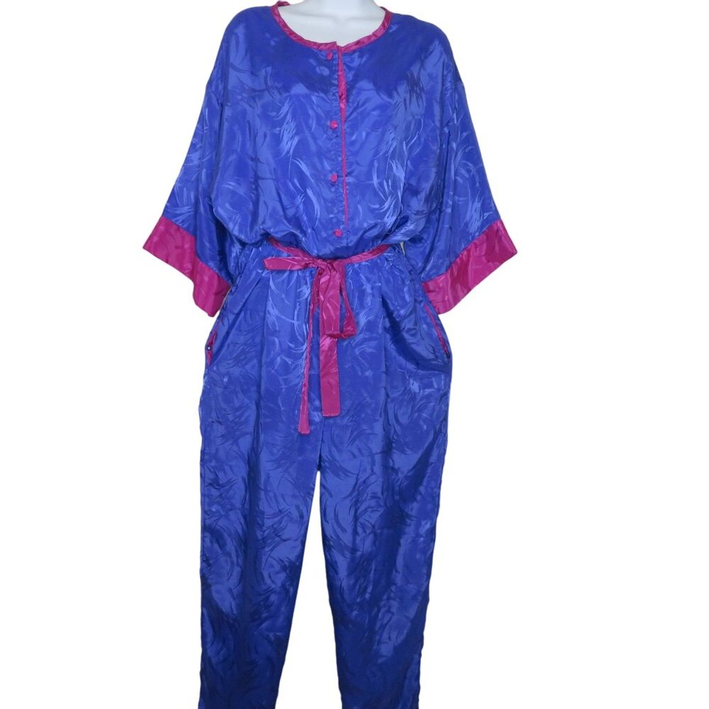 Vintage 80s Jumpsuit Womens Pink Purple Taper Leg Pockets Tie Belt Button Front